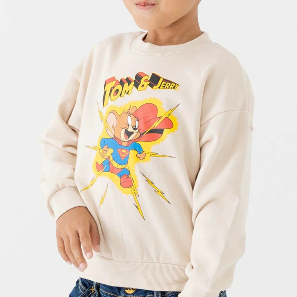 限定聯名 縮口印花長袖上衣-TOM&JERRY-超人-奶油杏