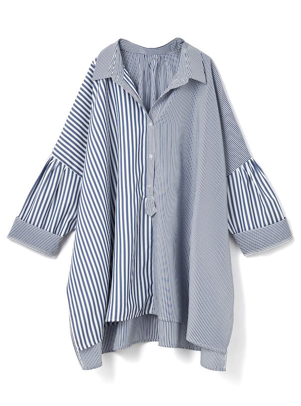 日本 GRL - 率性條紋拼接長版襯衫-海軍藍 (F)
