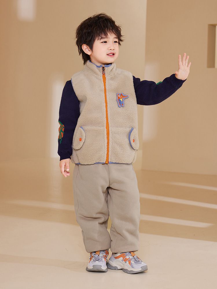 搖粒絨保暖兒童背心-可愛狐狸-深綠色