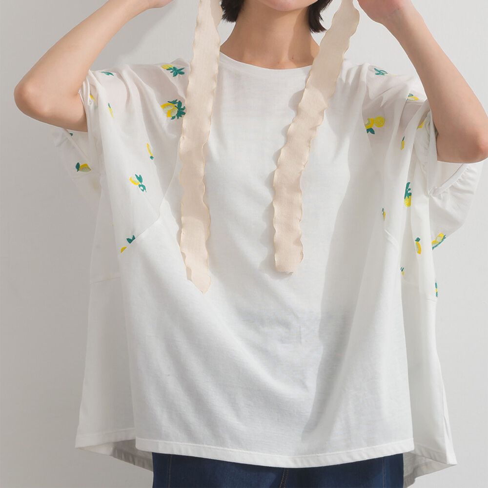 可愛刺繡圓領泡泡短袖上衣-檸檬-白