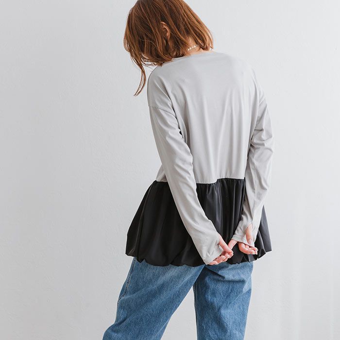 日本 ihuu - 優雅下擺拼接薄長袖上衣-杏白