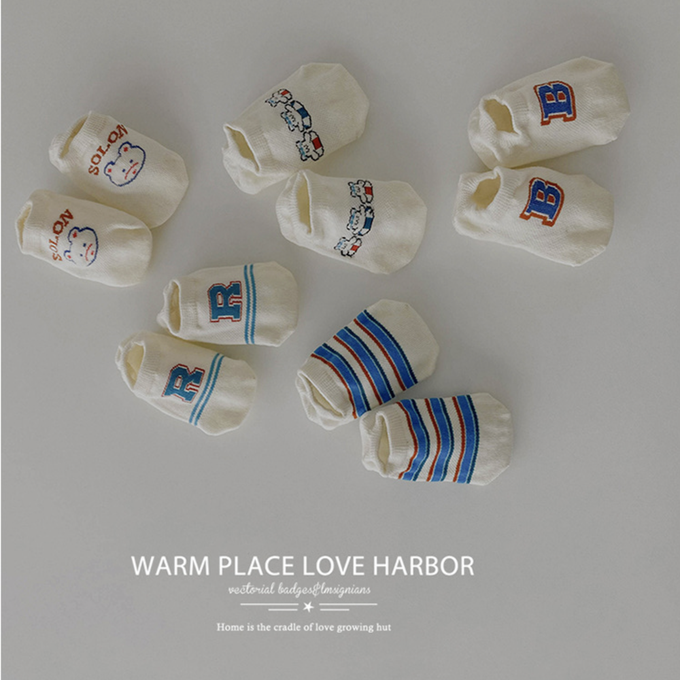 love, charlotte - 卡通小熊條紋字母網眼隱形棉襪-5 雙一組