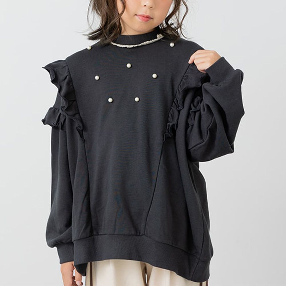 華麗感珍珠荷葉裏毛長袖上衣-炭黑