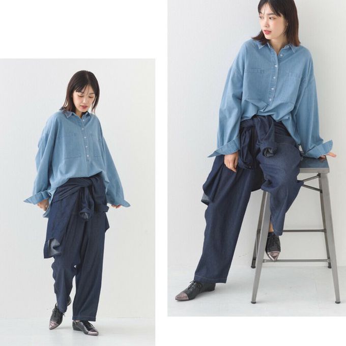 日本 OMNES - 丹寧感透氣俐落排扣長袖上衣-淺藍