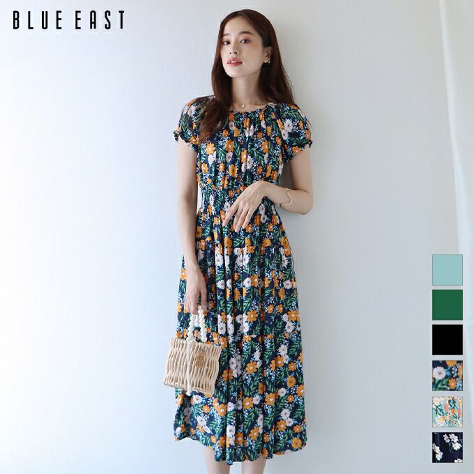 日本 BLUE EAST - 絕美平口縮腰泡泡袖洋裝-碎花-藍