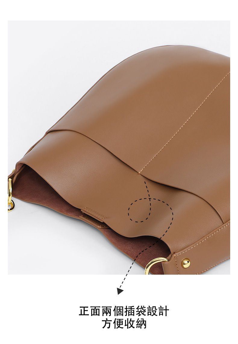 真皮大容量水桶單肩手提包(A4可放)-附2種背帶-栗子咖啡色 (33x29x9cm)