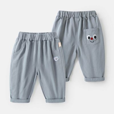 CUTEPANDA'S - 純棉腰鬆緊休閒長褲-後童趣繡花口袋-藍灰色