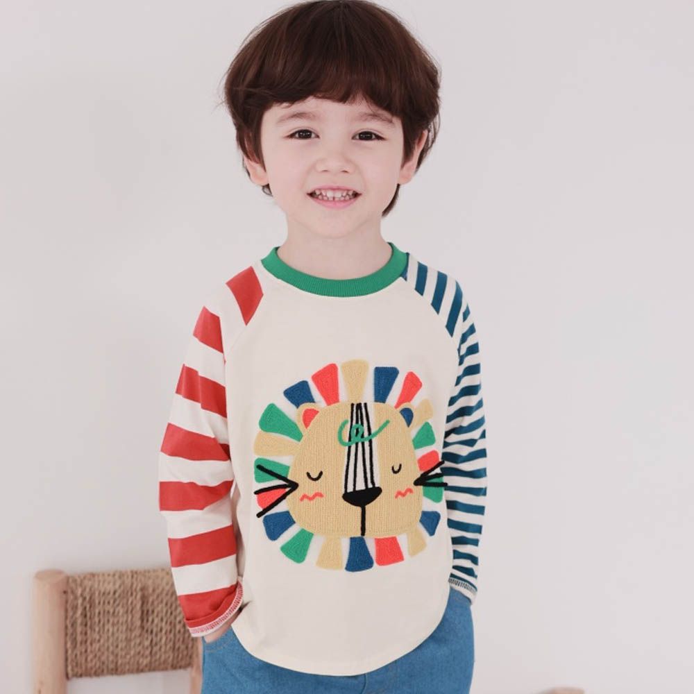 Coco rabbit 彩色獅子條紋長袖上衣-綠領-橘紅X藍綠