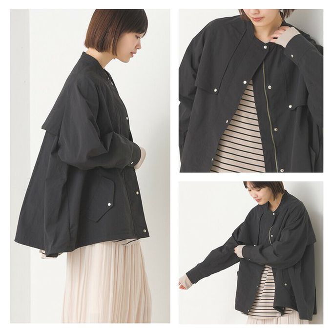 日本 OMNES - 潑水加工 輕量尼龍抽繩造型圓領外套-水藍