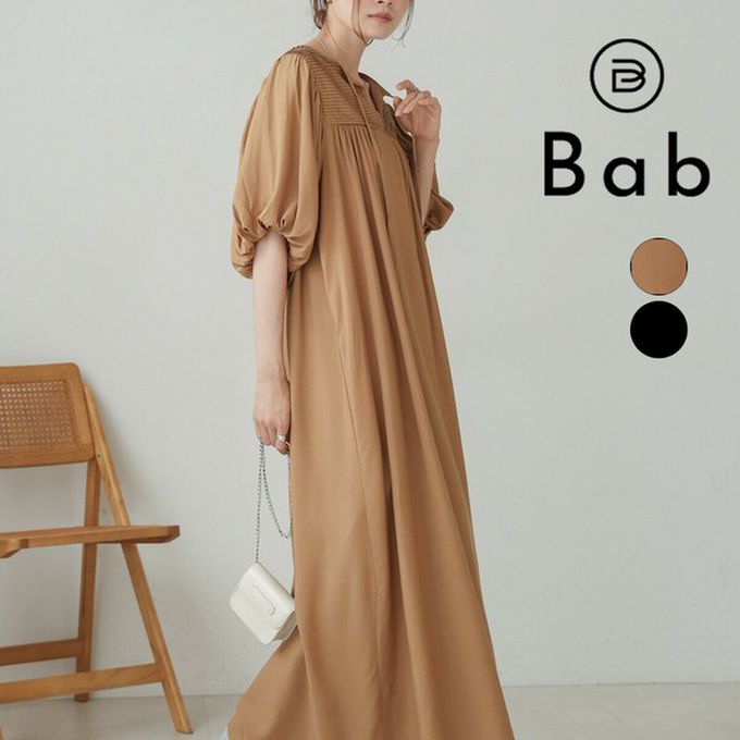 日本 Bab - 領口休閒綁帶泡泡短袖洋裝-焦糖棕 (M)