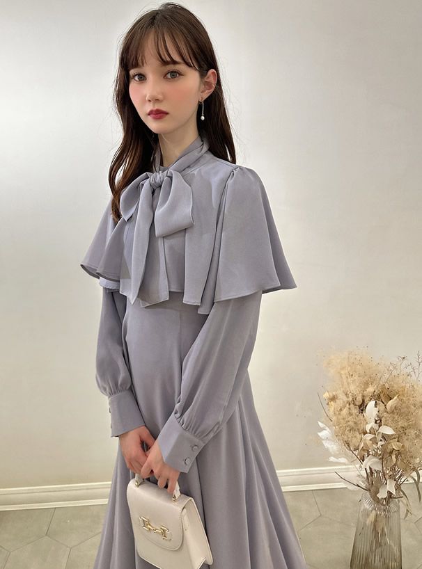 日本 GRL - 燭光晚餐斗篷領雪紡洋裝-寶貝藍