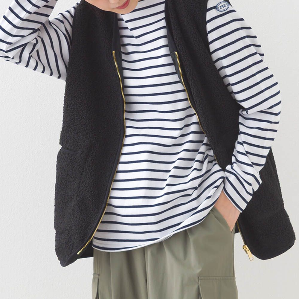 [必收款]100%棉 條紋船領長袖上衣-白x海軍藍