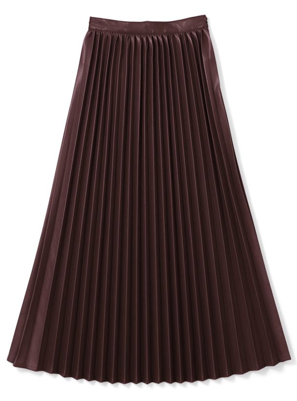 日本 GRL - 光澤皮質百褶長裙-深咖啡