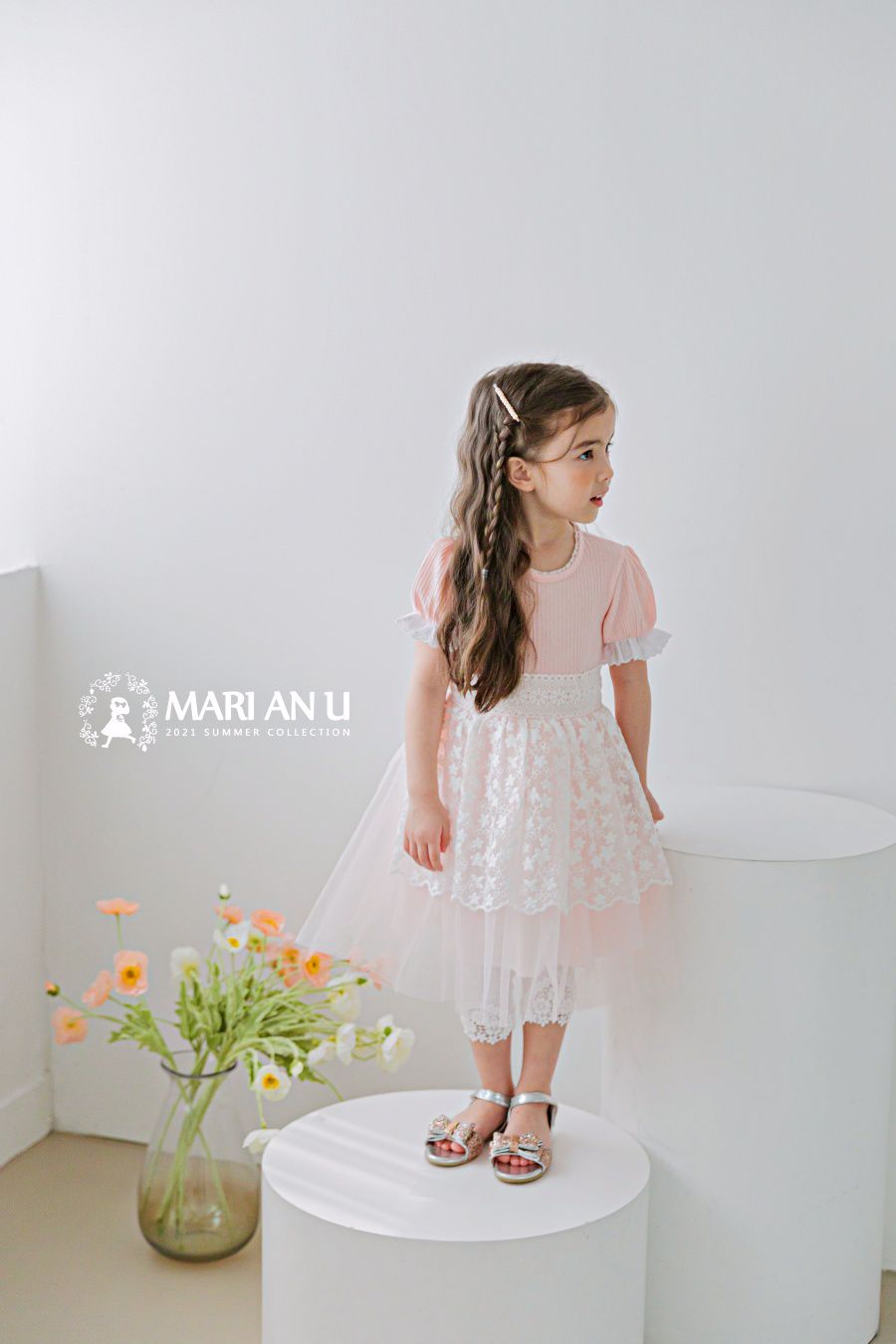 韓國 mari an u - 蕾絲層次紗裙洋裝-粉紅