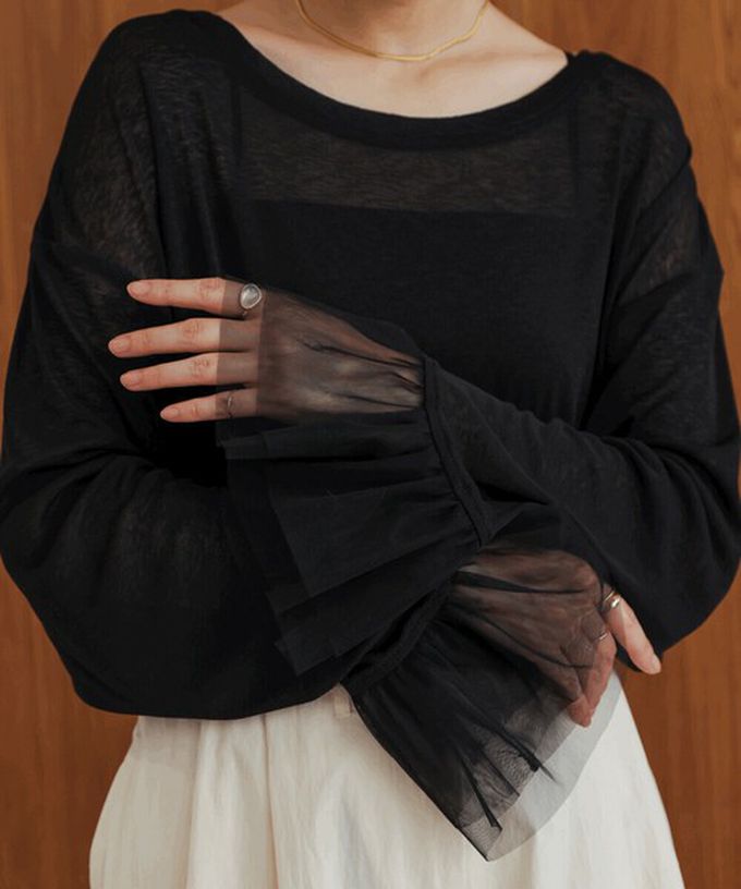 日本 Bab - 雙層薄紗拼接俏麗長袖上衣-黑