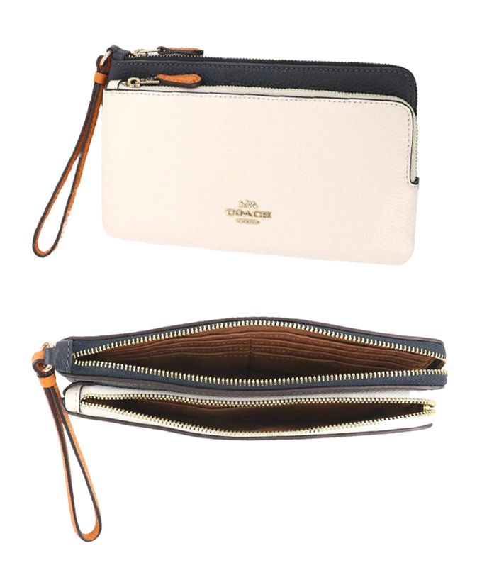 COACH - 拼接皮革雙層手拿包 (白深藍雙色)