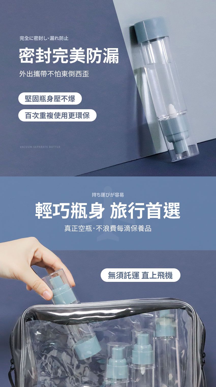 3ZeBra - 真空分裝瓶(四入組)加贈漏斗-藍色-噴霧瓶15ml*1/30ml*1+乳液瓶(15ml*1/30ml*1)