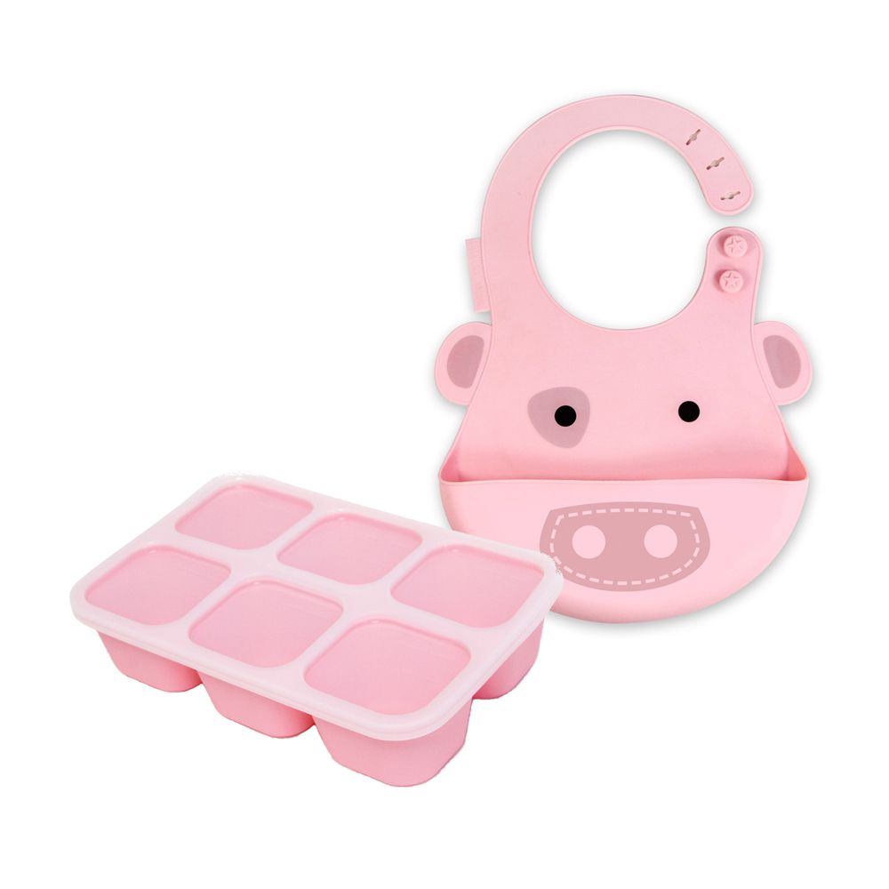 MARCUS＆MARCUS - 萌寶快樂用餐組(造型圍兜+分裝盒)-粉紅豬