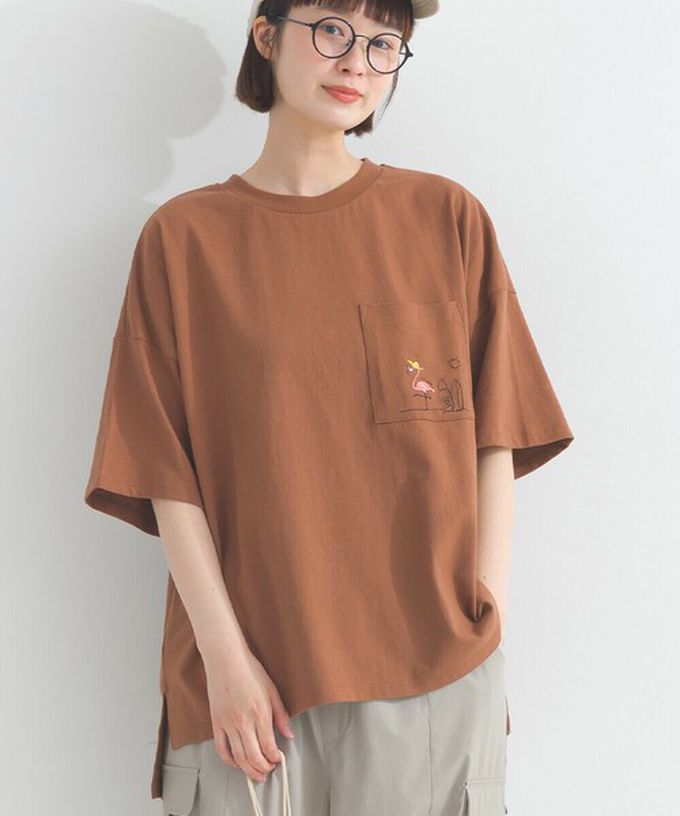 日本 Lupilien - 16支天竺棉俏皮動物刺繡寬大口袋T恤-咖啡