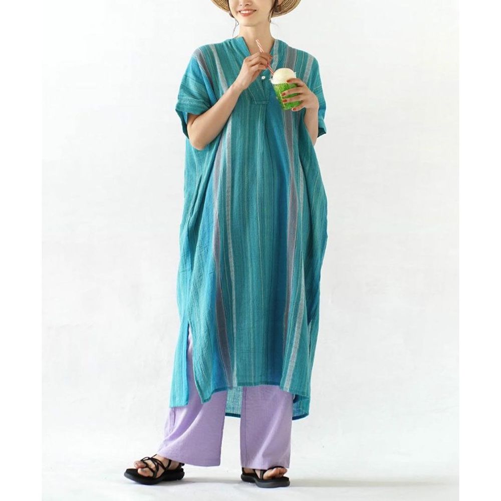 日本 zootie - 印度棉 透氣涼爽條紋洋裝-綠松藍