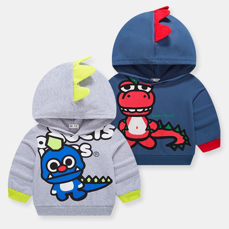 純棉立體連帽長袖上衣/帽T-傻傻恐龍-藍色