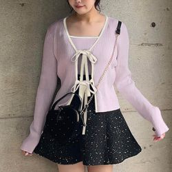 日本 GRL - 溫柔羅紋細肩帶+絲帶薄罩衫(2件組)-粉 (F)