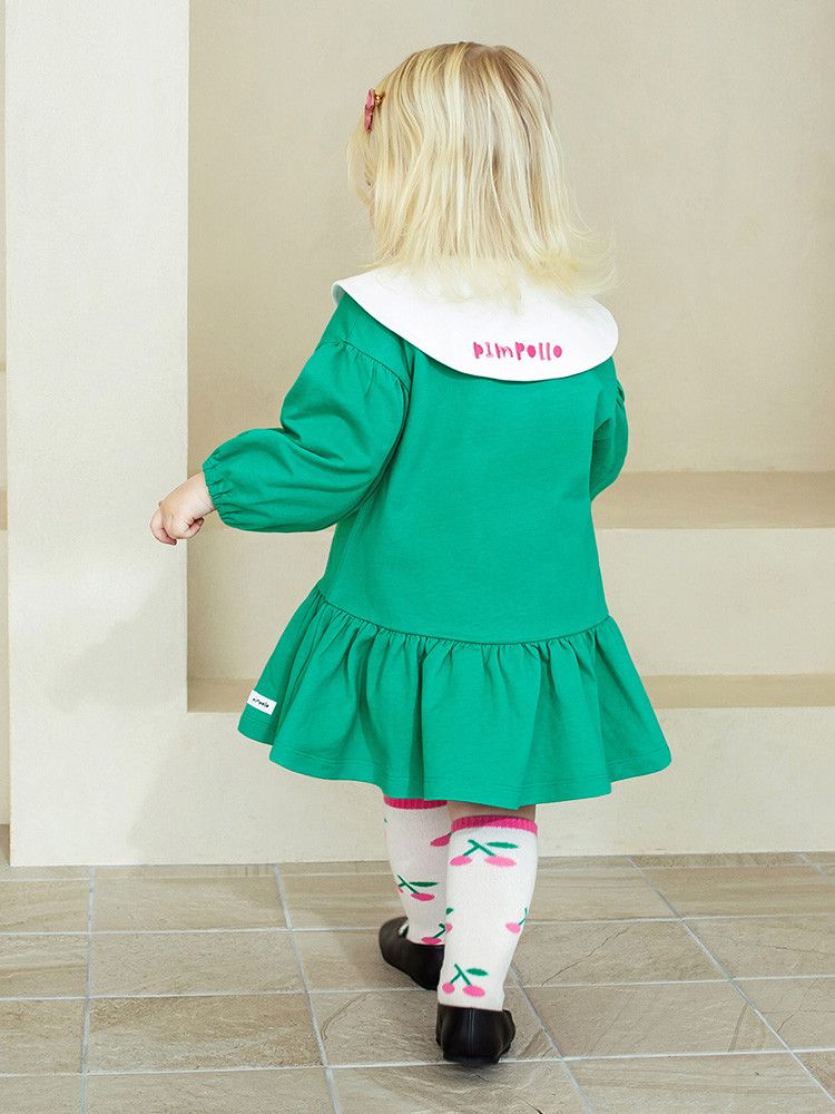 韓國 Pimpollo - 雲朵翻領鈕扣波浪洋裝-綠