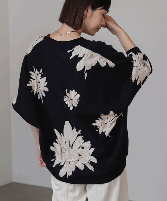 日本 Bab - 唯美花卉寬鬆感針織開襟外套-黑