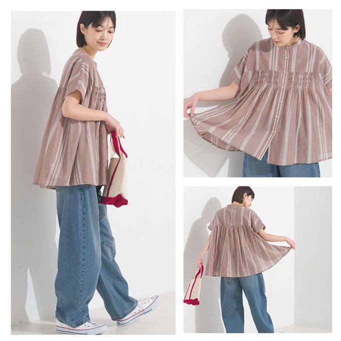 日本 OMNES - 100%印度棉 皺摺傘狀短袖襯衫-寶石藍