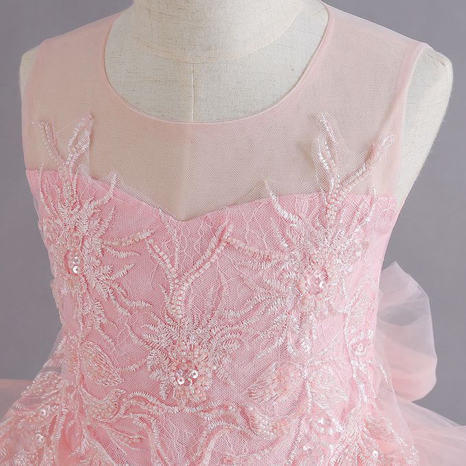 粉色華麗水溶蕾絲無袖多層次蓬裙長禮服