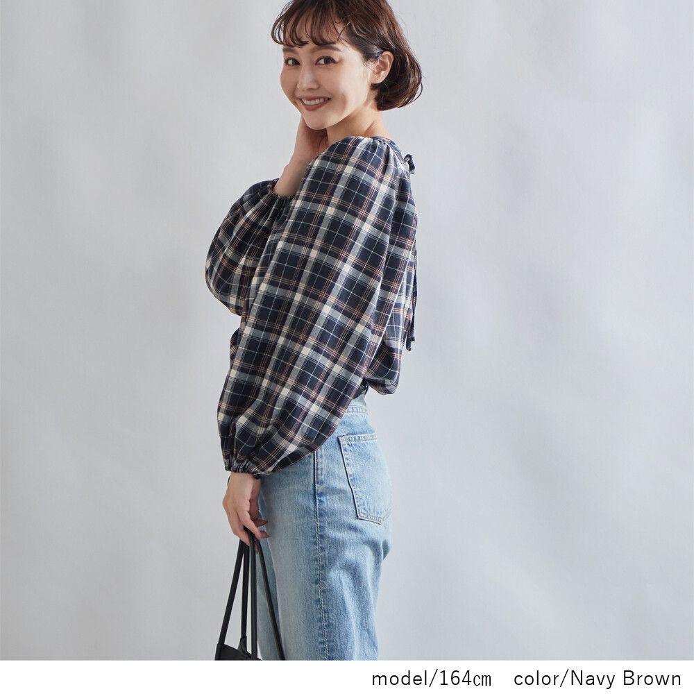 日本 Rejoule - 復古格紋綁帶澎澎袖上衣-深藍X咖格紋 (M(Free size))