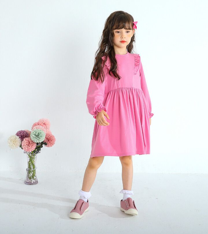 日本 Maison de Ravi - 蝴蝶荷葉肩長袖洋裝-糖果粉