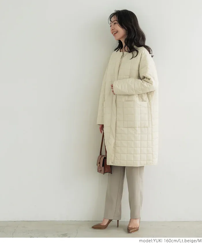 日本 COCA - 格紋絎縫無領長版鋪棉外套-黑