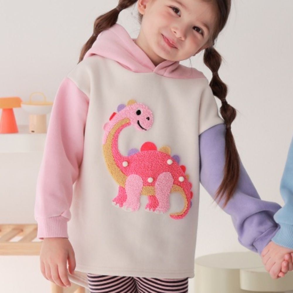 Coco rabbit (內磨毛)恐龍角裝飾拼色長袖連帽上衣-恐龍-粉X紫