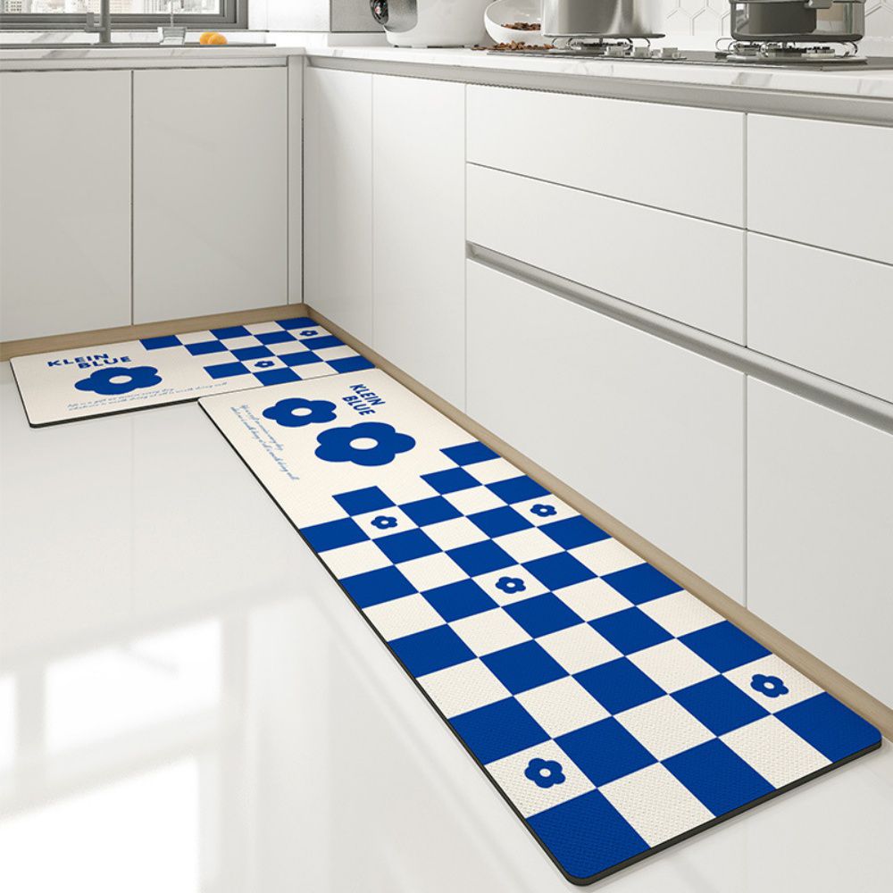 防油廚房腳踏墊-格紋+花花-藍+白