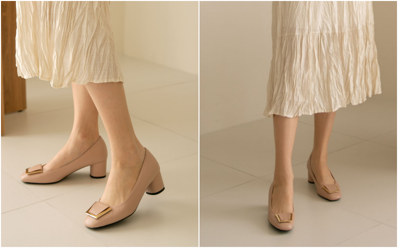 韓國 PINKELEPHANT - 金框裝飾低跟鞋(5cm)-杏