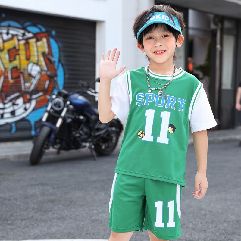 假兩件兒童速乾短袖運動套裝-數字11-綠色