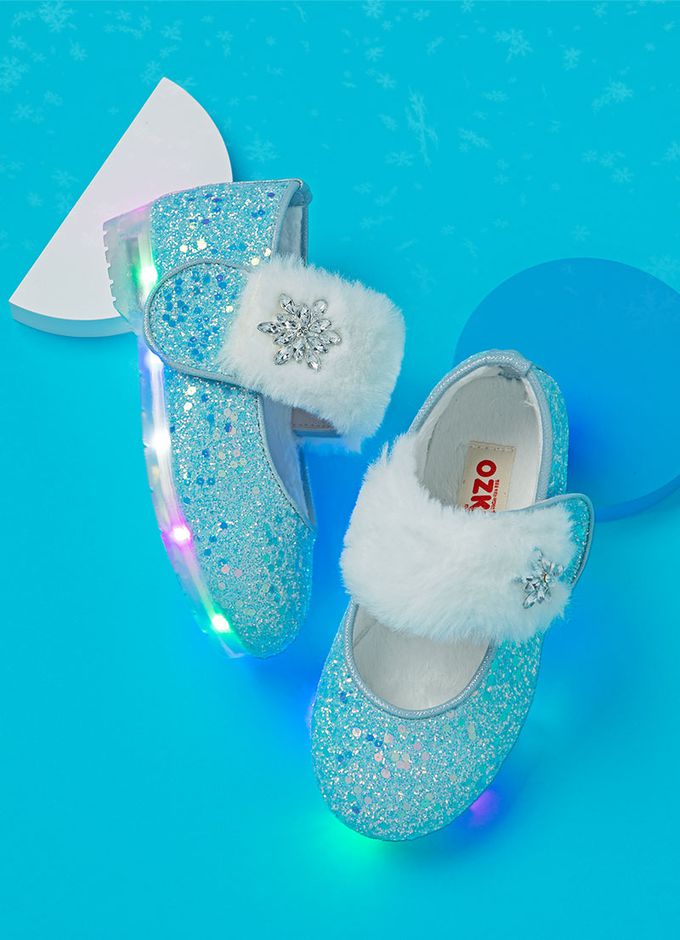 韓國 OZKIZ - (LED)冰雪女王毛絨矮跟皮鞋-天空藍