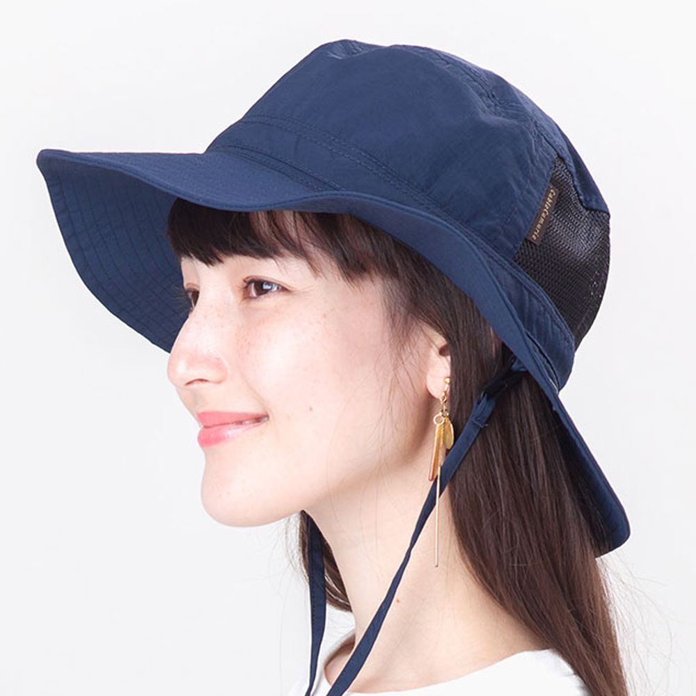日本 irodori - 抗UV透氣遮陽帽(附防風帽帶/遮頸布)-海軍藍 (約58cm)