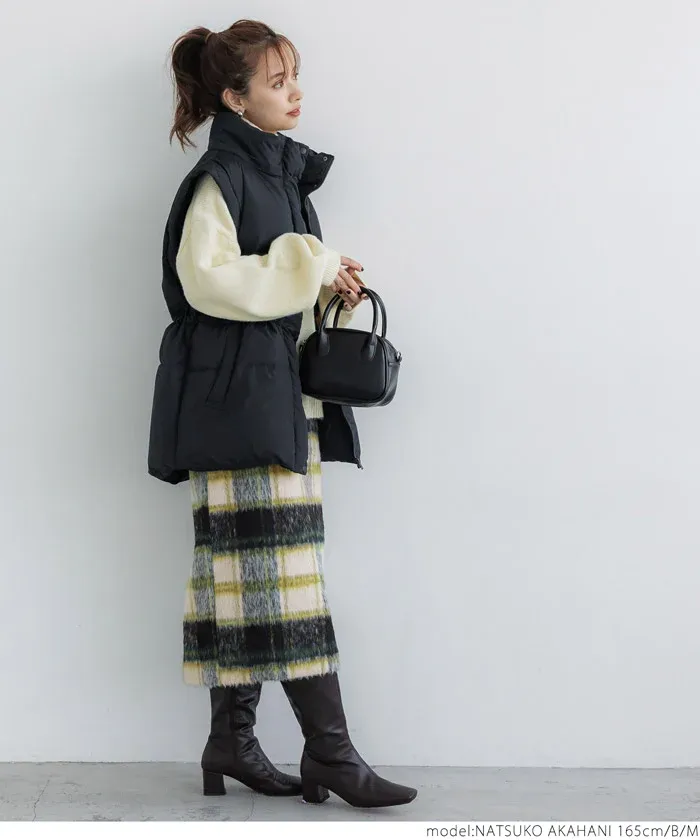 日本 COCA - 慵懶毛呢格紋鬆緊長裙-綠米