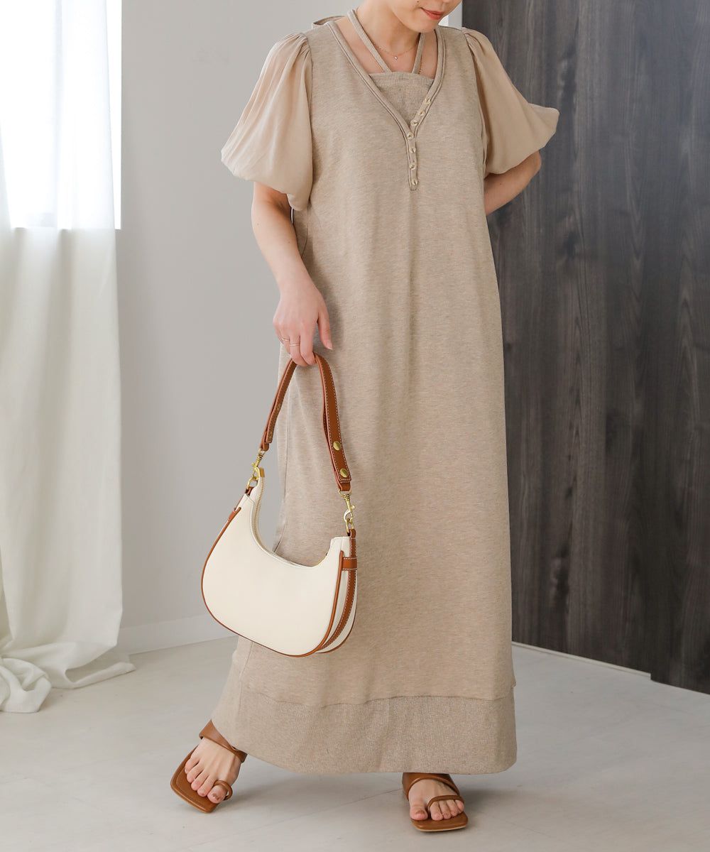 日本 Bab - 優雅綁帶V領泡泡袖洋裝-淺摩卡