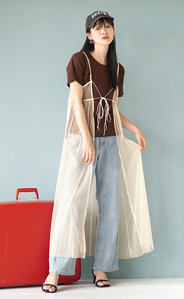 日本 zootie - 2WAY透膚薄紗外罩吊帶洋裝-米杏