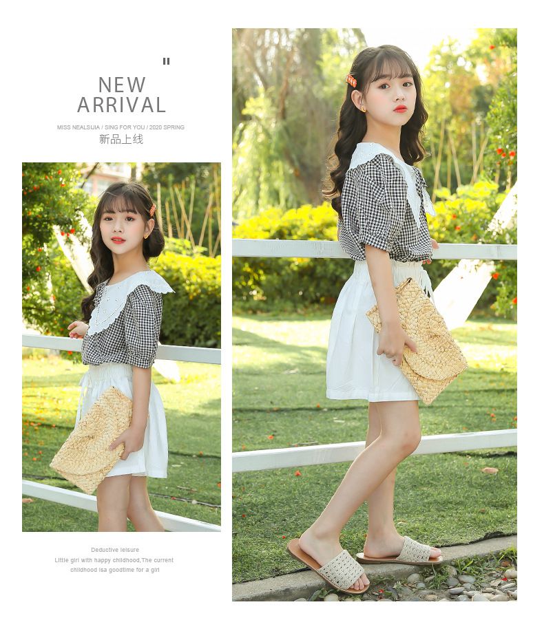 娃娃領短袖套裝-格紋上衣+花苞短褲-黑+白