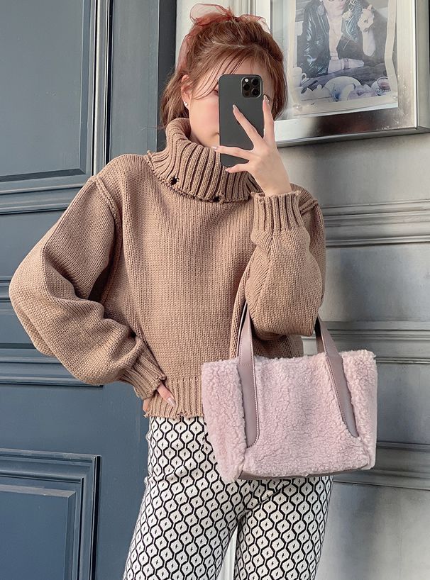 日本 GRL - 寬鬆大高領短版針織毛衣-藍