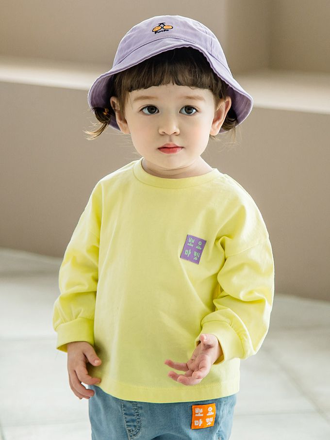 韓國 Pimpollo - 品牌布貼裝飾圓領長袖上衣-黃