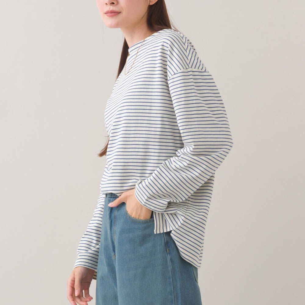 100%棉 經典款細條紋長袖上衣-白底灰藍條紋
