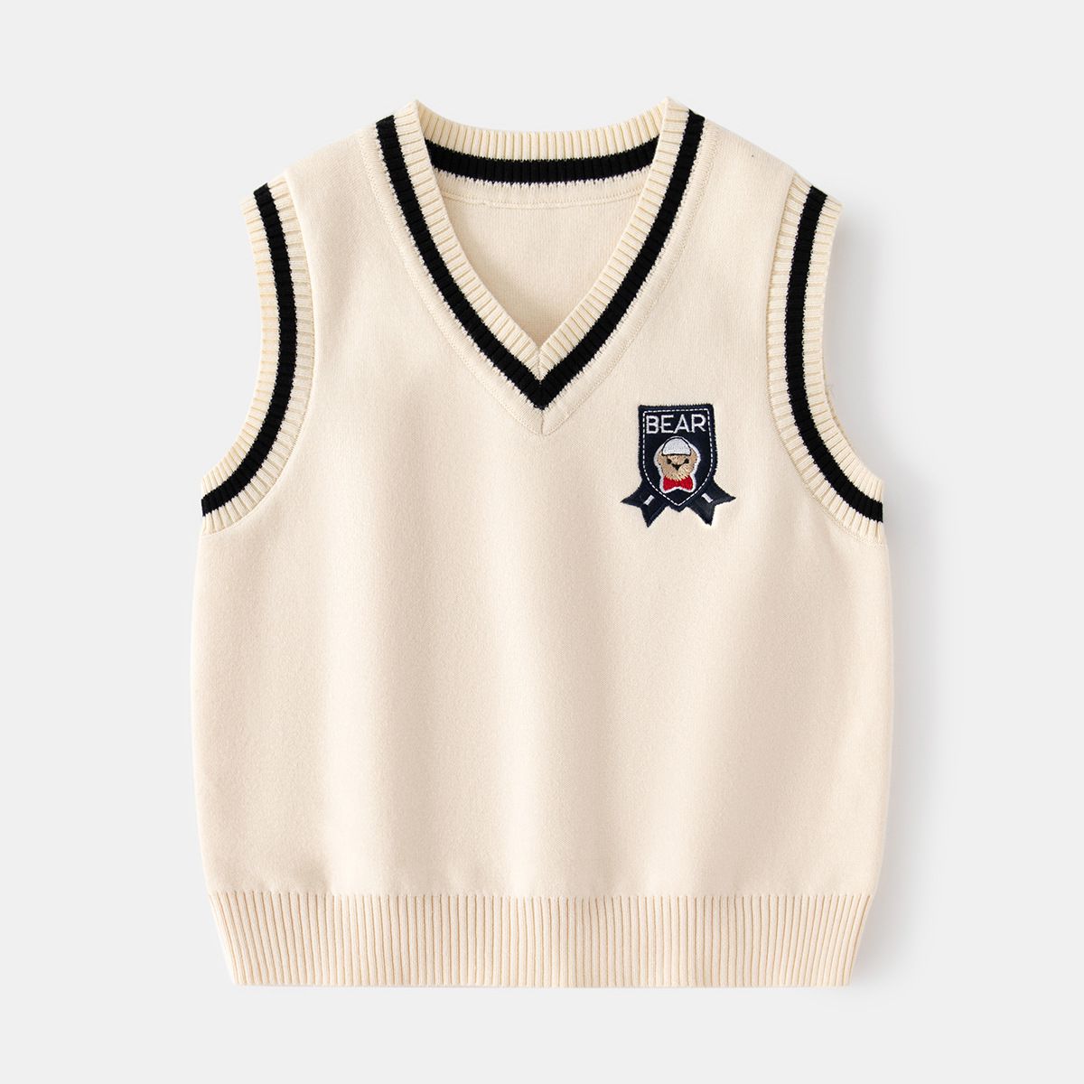 WELLKIDS - 學院風V領針織背心-熊熊-杏色