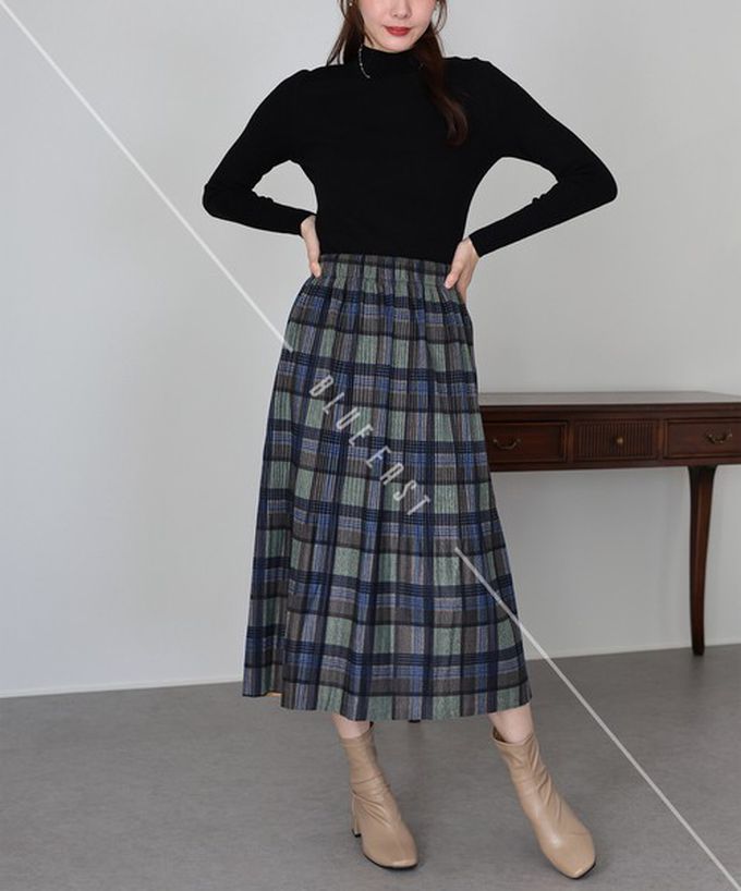 日本 BLUE EAST - 經典季節感格紋百褶長裙-咖啡系 (M)