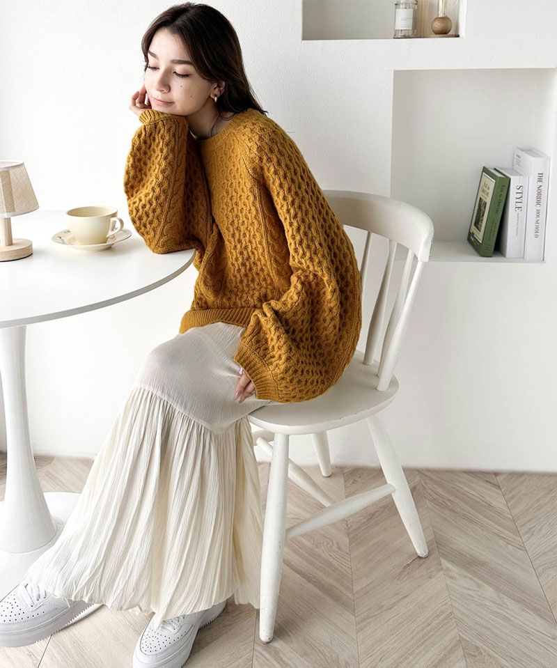 日本 Classical Elf - 百搭粗麻花編織落肩毛衣-草綠