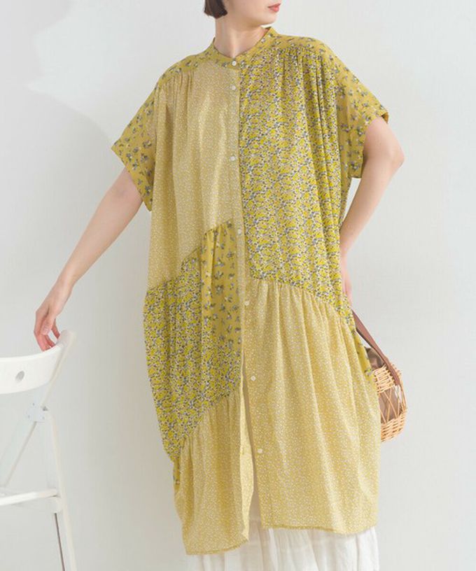 日本 Lupilien - 純棉巴里紗花朵拼布襯衫式洋裝-黃